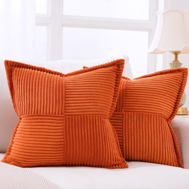 Topfinel 18" x 18" Wide Side Pillowcase,Corduroy Decorative Textured Pillow Cover,Orange,Set of 2