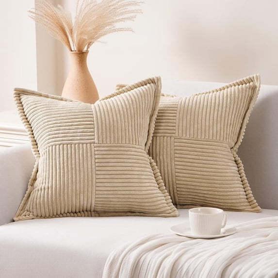 Topfinel 18" x 18" Wide Side Pillowcase,Corduroy Decorative Textured Pillow Cover, Tan,Set of 2