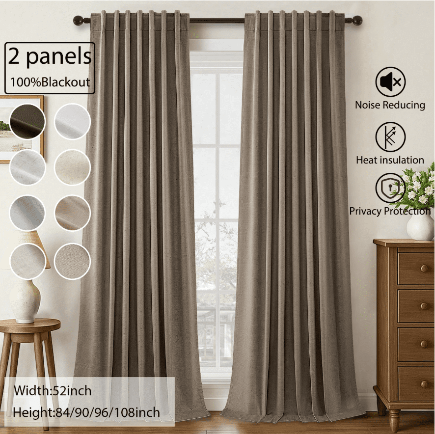 Topfinel 2 Panels Linen Blackout Curtains, 100% Blackout Back Tab Rod ...