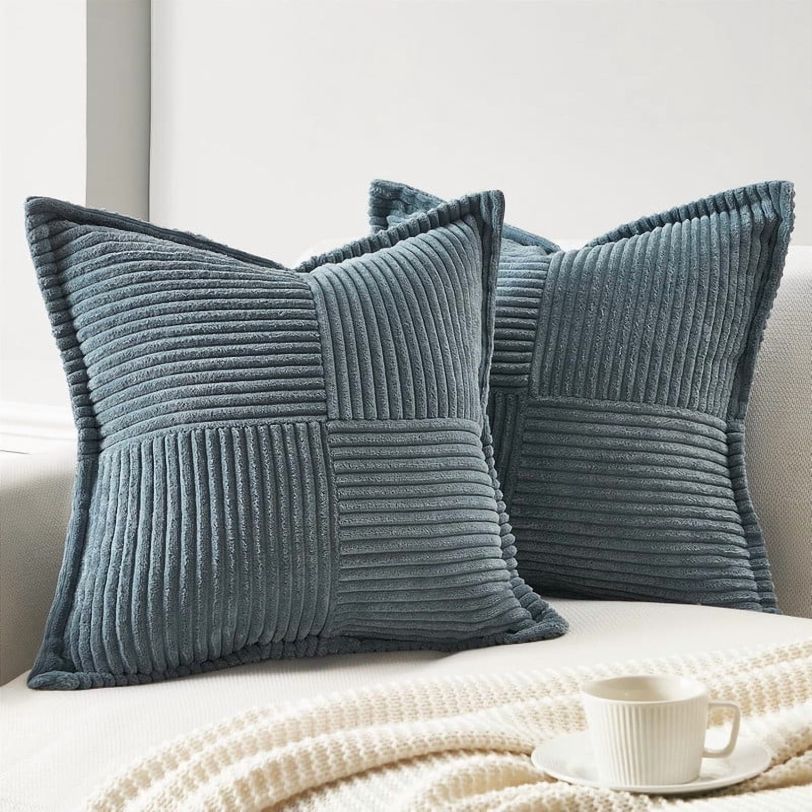Topfinel 20" x 20" Wide Side Pillowcase,Corduroy Decorative Textured Pillow Cover,Blue,Set of 2