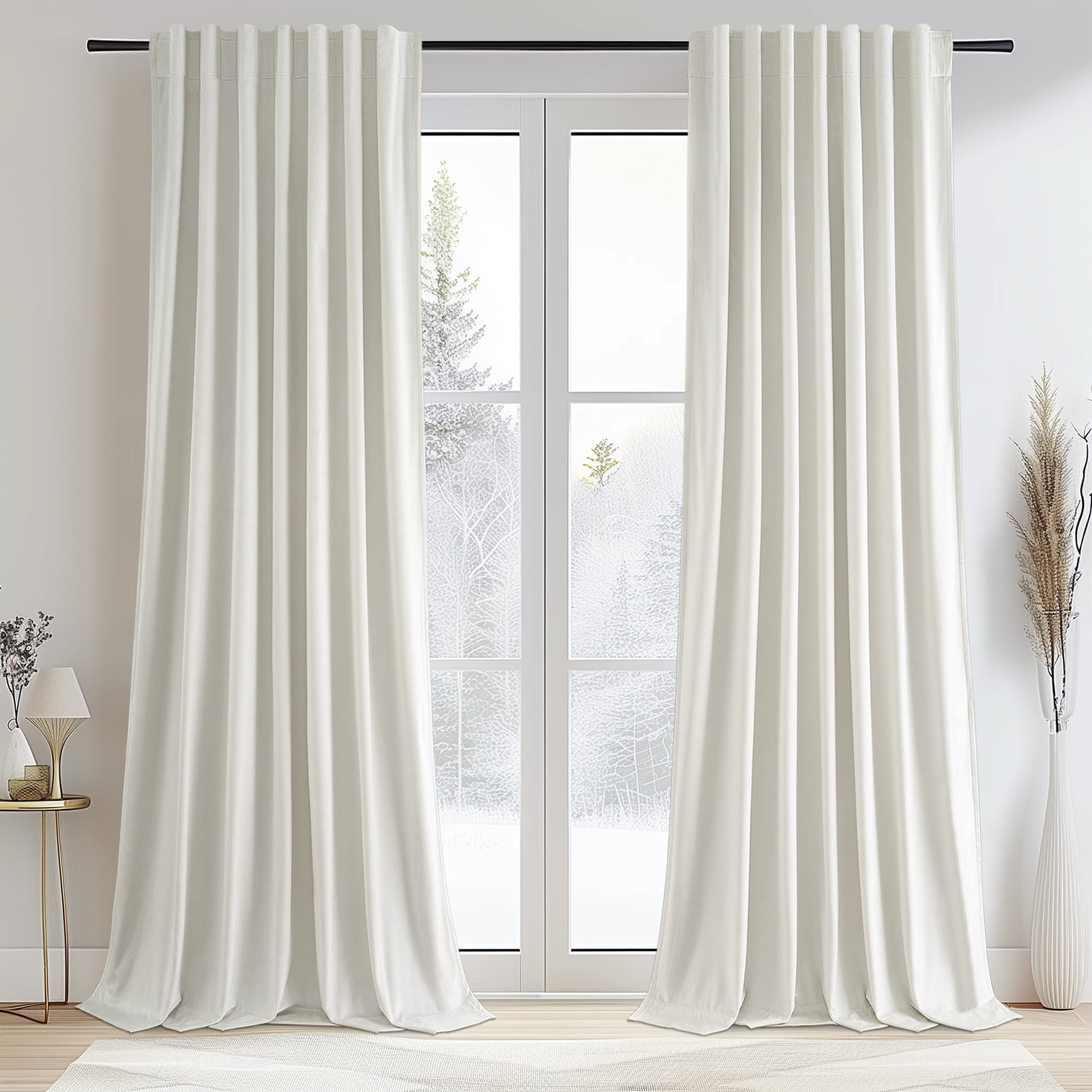 Topfinel 90 Inches Long Cream Velvet Curtains for Bedroom, Back Tab Light Blocking White Curtains with Hooks, Room Darkening Double Sided Drapes，Set of 2