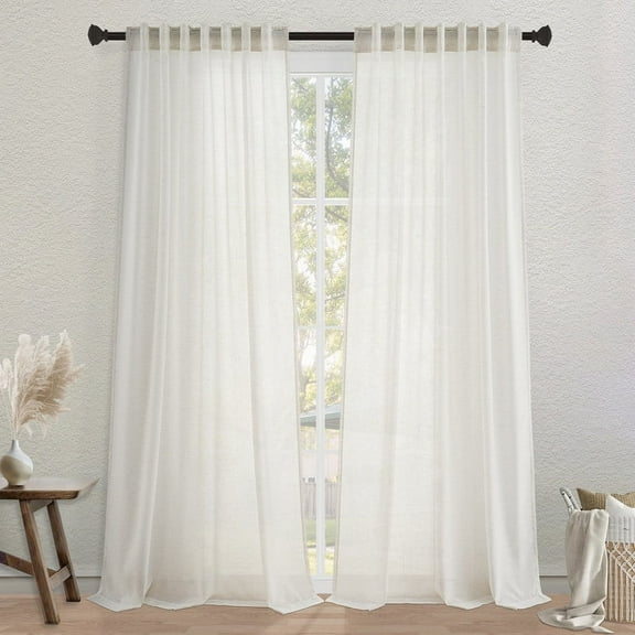 Topfinel 90 Inches Long Semi Sheer Curtains,Natural Linen Blended Light Filtering Window Curtains for Living Room Bedroom Back Tab Drapes with Hooks,Set of 2