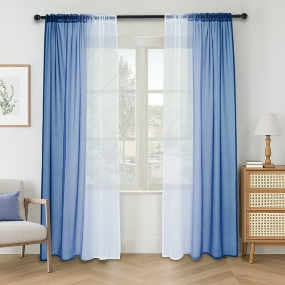 Topfinel Blue Faux Linen Ombre Sheer Curtains,Semi Voile Gradient Rod Pocket Curtains for Bedroom and Living Room, Set of 2 Window Curtain Panels, 54 x 84 Inch Long