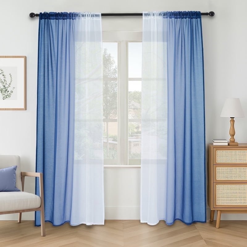 Topfinel Blue Faux Linen Ombre Sheer Curtains,Semi Voile Gradient Rod Pocket Curtains for Bedroom and Living Room, Set of 2 Window Curtain Panels, 54 x 96 Inch Long