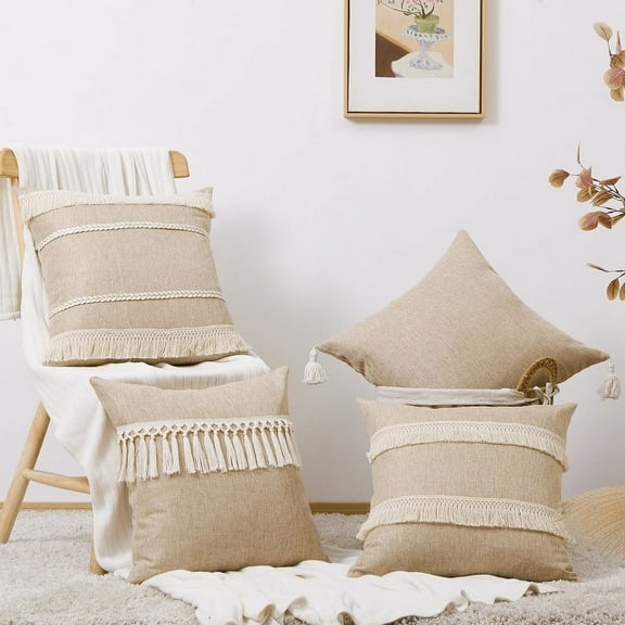 Topfinel Couch Throw Pillows Covers ,Boho Rustic Cushion Cover,Cotton Linen Tassel Square Cushion Case Beige Decor,20x20 inch Set of 4