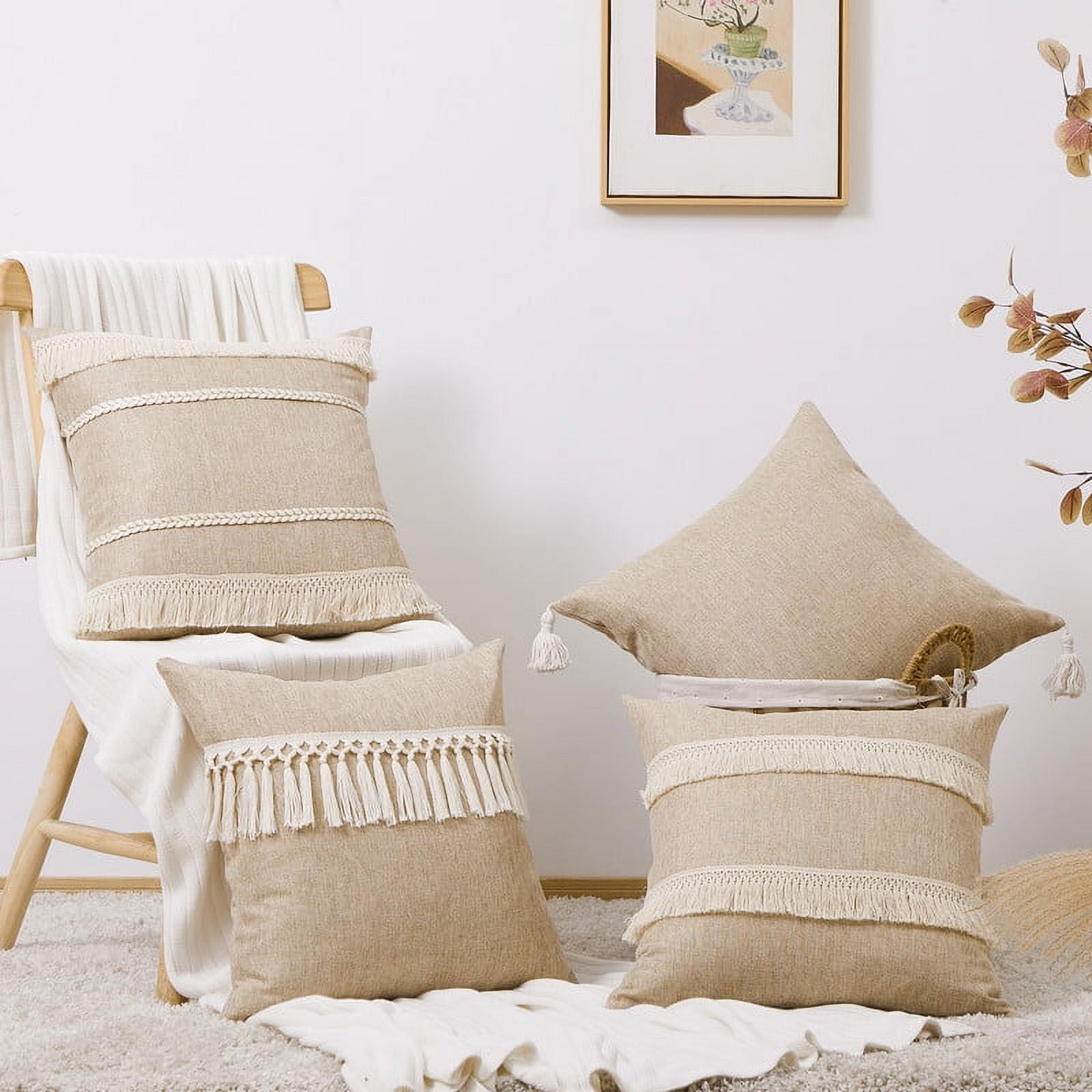 Beige Cotton Linen Square Boho Tassel Throw Pillow Covers Set