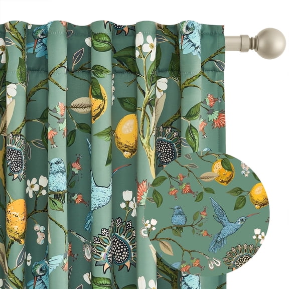Topfinel Fancy Hummingbird Patterned Curtain,SageGreen Curtains for Living Room, Thermal Insulated Blackout Curtains for Bedroom, Floral Vintage Lemon Curtains 90 inch Length 2 Panels Set
