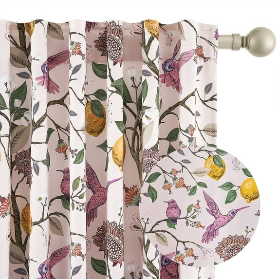 Topfinel Fancy Hummingbird Patterned Curtain,Pink Curtains for Living Room, Thermal Insulated Blackout Curtains for Bedroom, Floral Vintage Lemon Curtains 84 inch Length 2 Panels Set