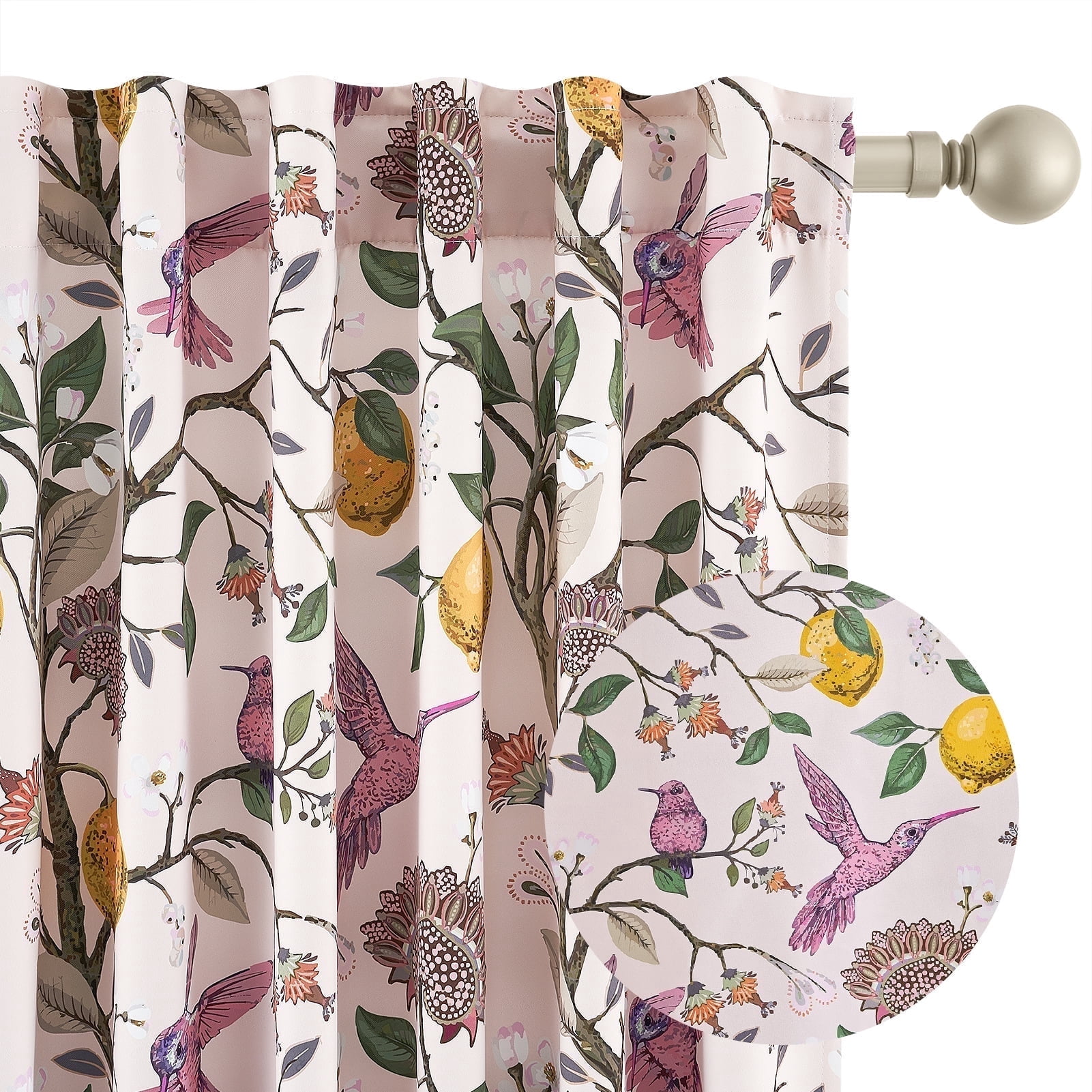 Topfinel Fancy Hummingbird Patterned Curtain,Pink Curtains for Living Room, Thermal Insulated Blackout Curtains for Bedroom, Floral Vintage Lemon Curtains 96 inch Length 2 Panels Set