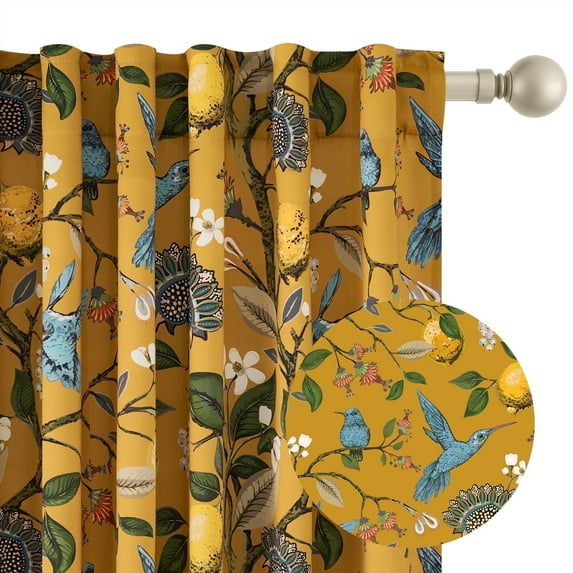 Topfinel Fancy Hummingbird Patterned Curtain,Mustard Yellow Curtains for Living Room, Thermal Insulated Blackout Curtains for Bedroom, Floral Vintage Lemon Curtains 84 inch Length 2 Panels Set