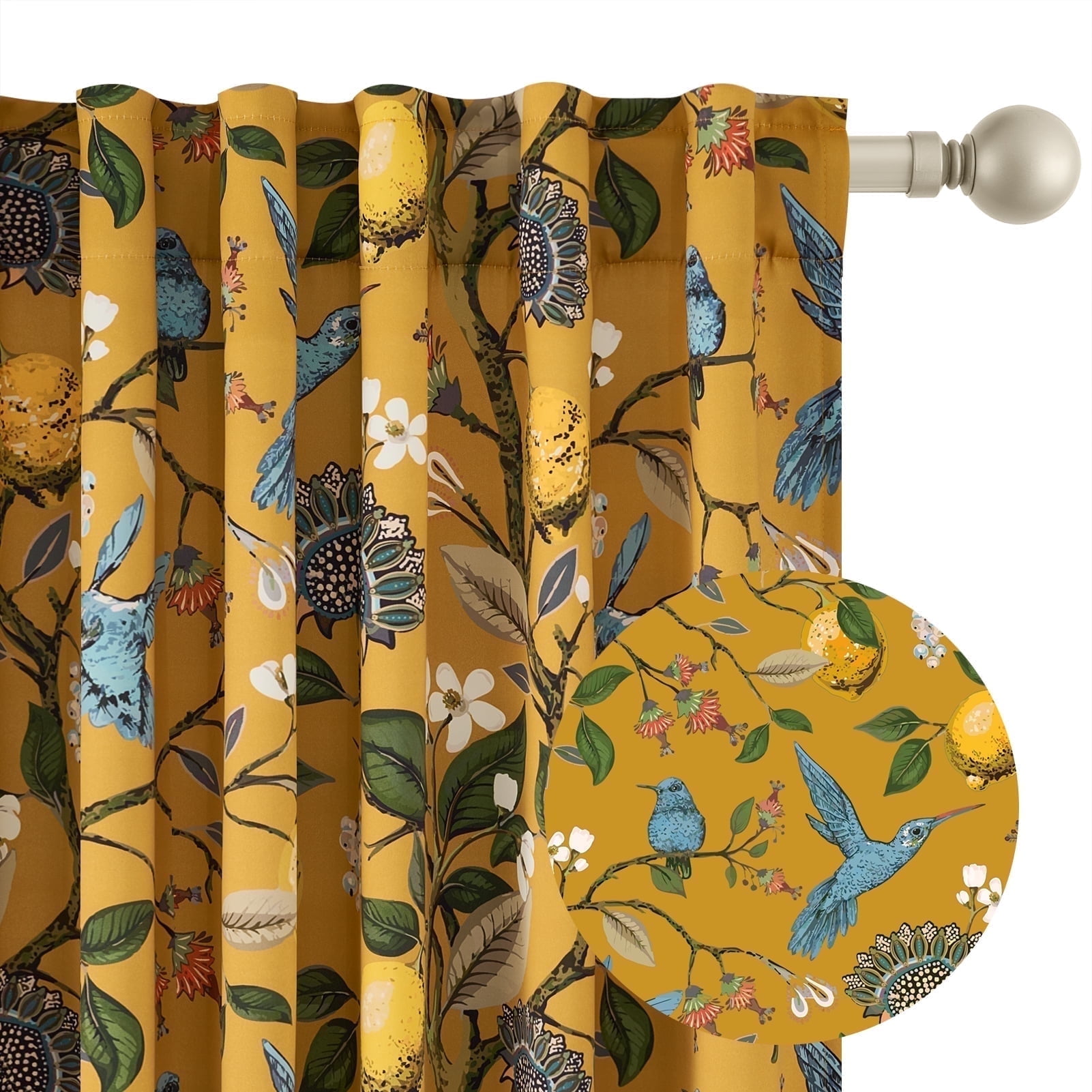 Topfinel Fancy Hummingbird Patterned Curtain,Mustard Yellow Curtains for Living Room, Thermal Insulated Blackout Curtains for Bedroom, Floral Vintage Lemon Curtains 96 inch Length 2 Panels Set