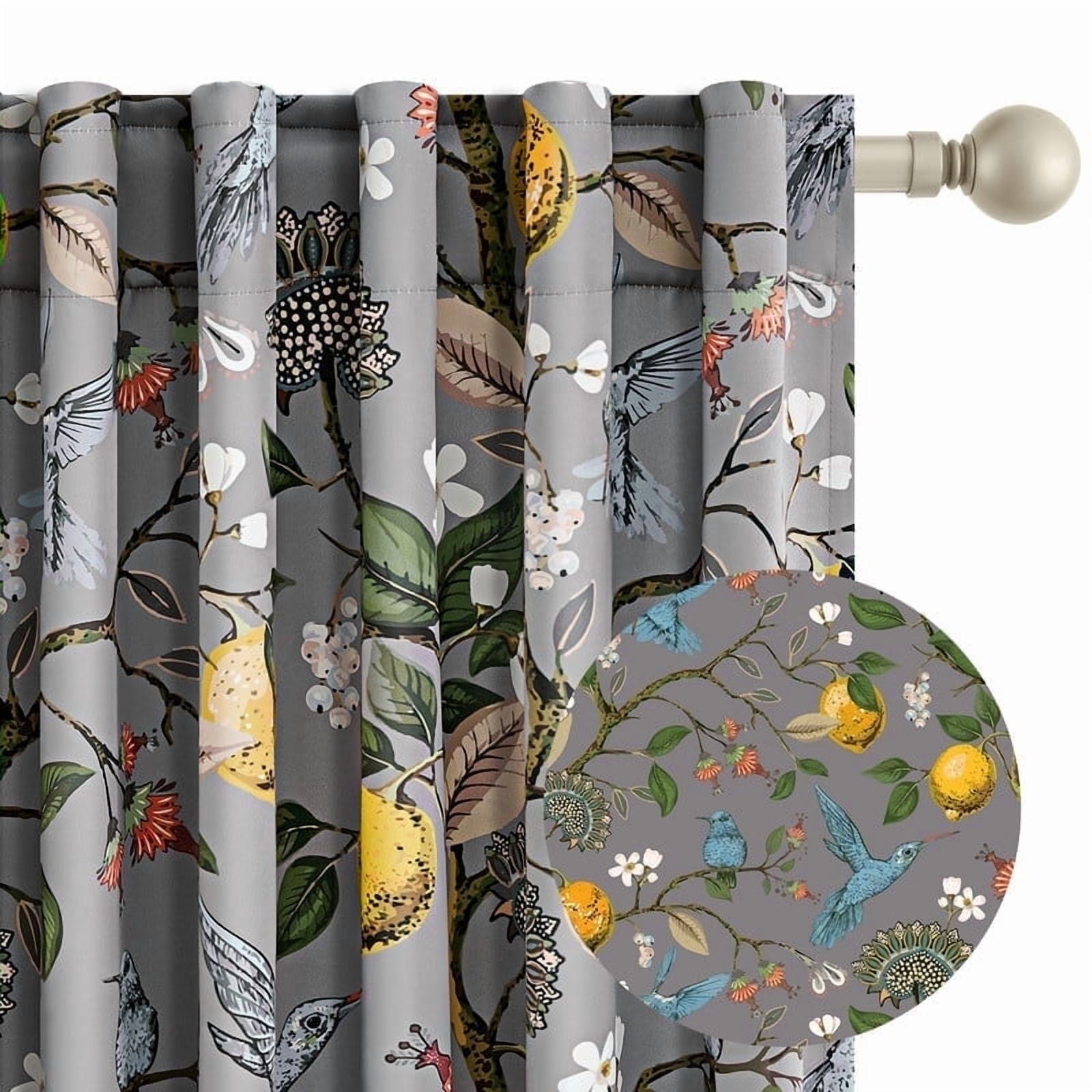 Topfinel Fancy Hummingbird Patterned Curtain,Grey Curtains for Living Room, Thermal Insulated Blackout Curtains for Bedroom, Floral Vintage Lemon Curtains 72 inch Length 2 Panels Set