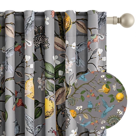 Topfinel Fancy Hummingbird Patterned Curtain,Grey Curtains for Living Room, Thermal Insulated Blackout Curtains for Bedroom, Floral Vintage Lemon Curtains 96 inch Length 2 Panels Set