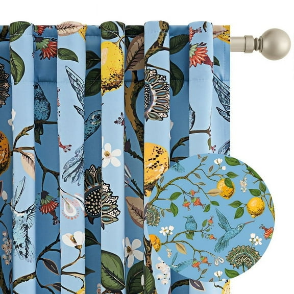 Topfinel Fancy Hummingbird Patterned curtain,LightBlue Curtains for Living Room, Thermal Insulated Blackout Curtains for Bedroom, Floral Vintage Lemon Curtains 72 Inch Length 2 Panels Set