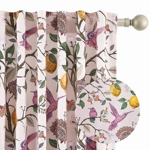 Topfinel Fancy Hummingbird Patterned Curtain,Pink Curtains for Living Room, Thermal Insulated Blackout Curtains for Bedroom, Floral Vintage Lemon Curtains 63 inch Length 2 Panels Set
