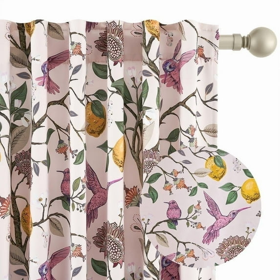 Topfinel Fancy Hummingbird Patterned Curtain,Pink Curtains for Living Room, Thermal Insulated Blackout Curtains for Bedroom, Floral Vintage Lemon Curtains 90 inch Length 2 Panels Set