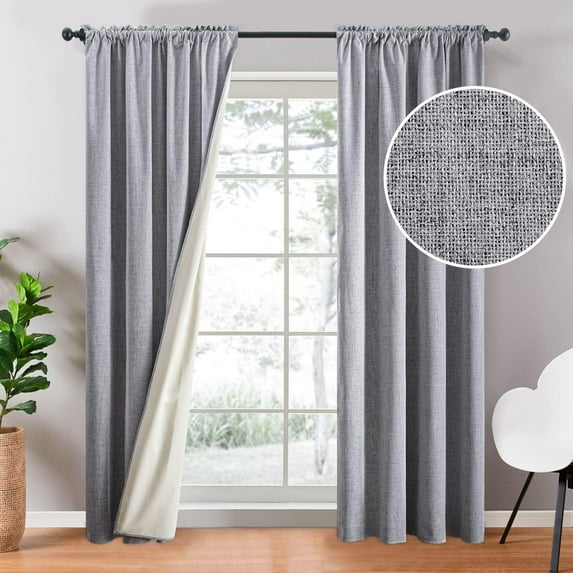 Topfinel Faux Linen 100% Blackout Heavy Curtains 96 inches Length for Bedroom Living Room Rod Pocket Window Curtains,Thermal Insulated Soundproof Burlap Drapes ,2 Panels,52 x 96 inch,Grey