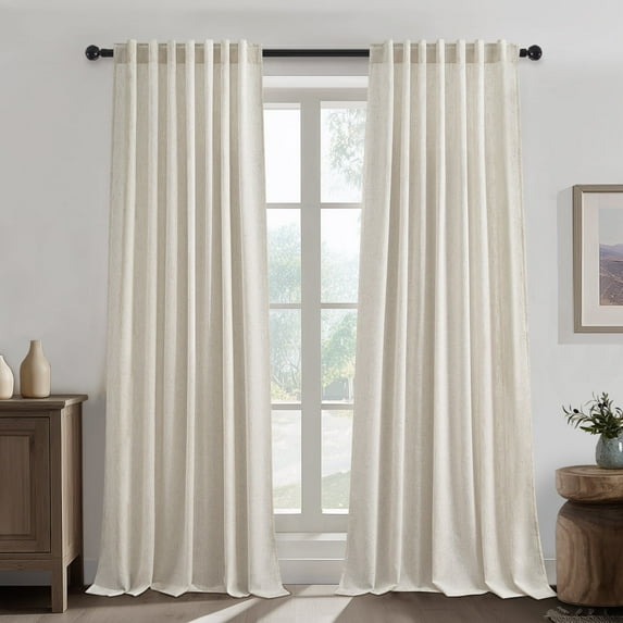 Topfinel Flax linen Curtains 108 Inch Long for Living Room Bedroom Natural Thick Linen Textured Semi Sheer Rustic Farmhouse Rod Pocket Back Tab Drapes(2 Pieces,With Hooks)