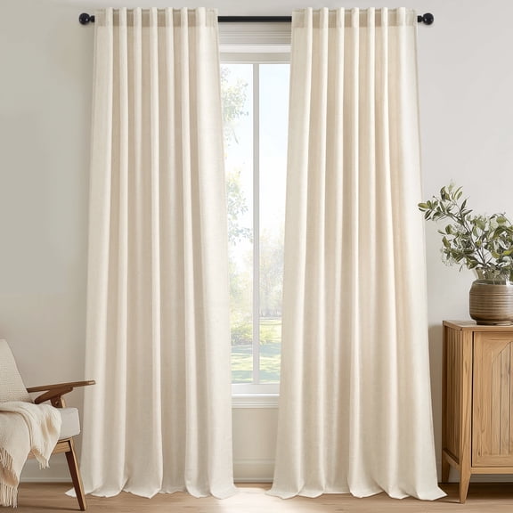 Topfinel Flax linen Curtains 90 Inch Long for Living Room Bedroom Cream Thick Linen Textured Semi Sheer Rustic Farmhouse Rod Pocket Back Tab Drapes(2 Pieces,With Hooks)