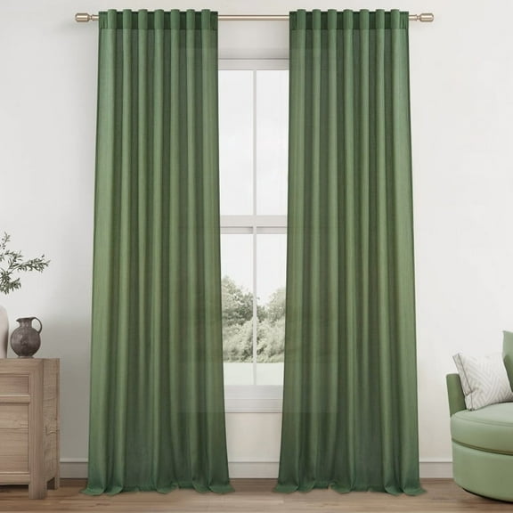 Topfinel Linen Curtains 108 Inch Long for Bedroom Living Room, Soft Linen Textured Window Drapes Semi Sheer Light Filtering Rod Pocket Back Tab Drapes, Olive green 2 Panels