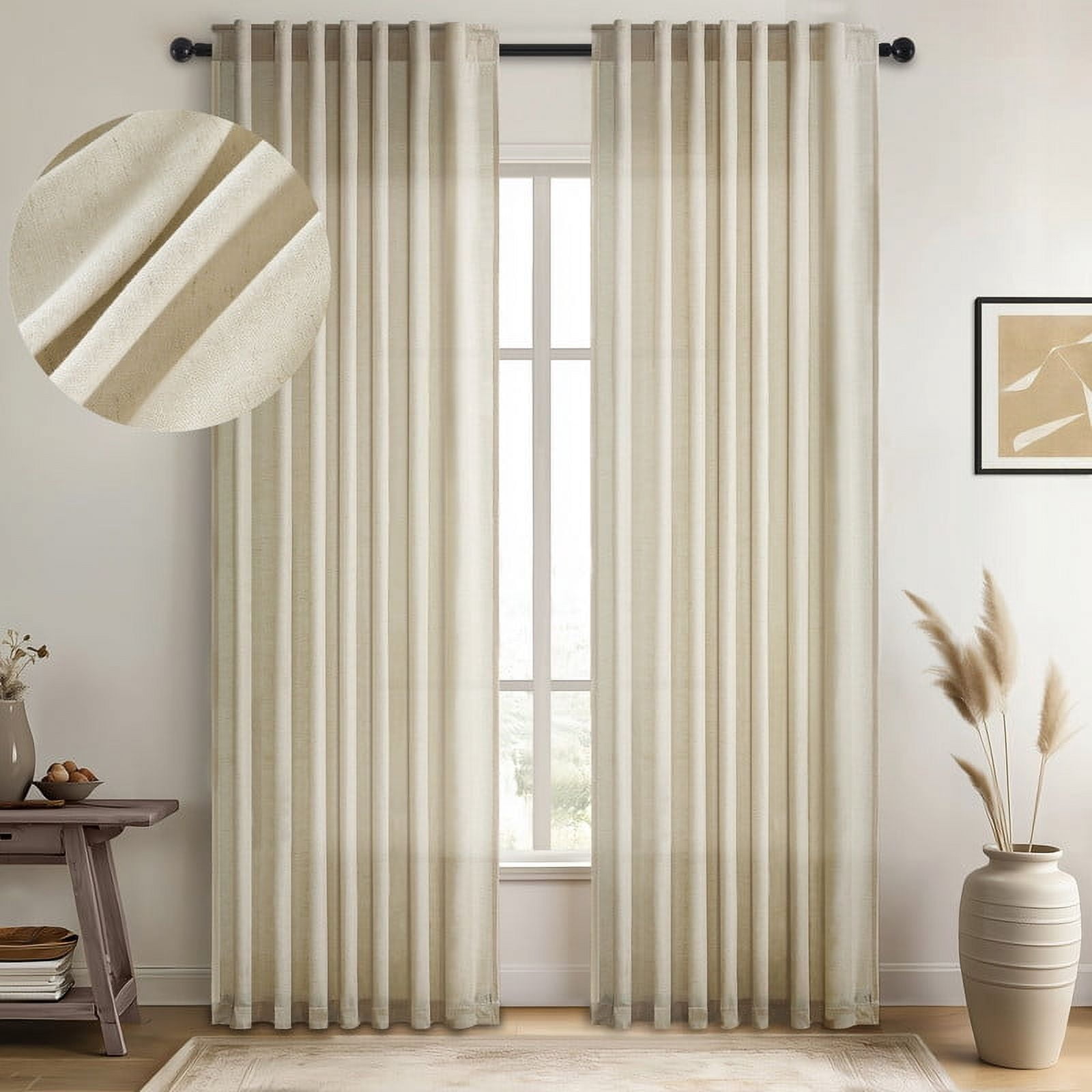 Topfinel Linen Curtains 84 Inch Long for Living Room,Back Tab Light Filtering Drape with Hooks,Semi Sheer Lightweight Curtains for Bedroom,Set of 2