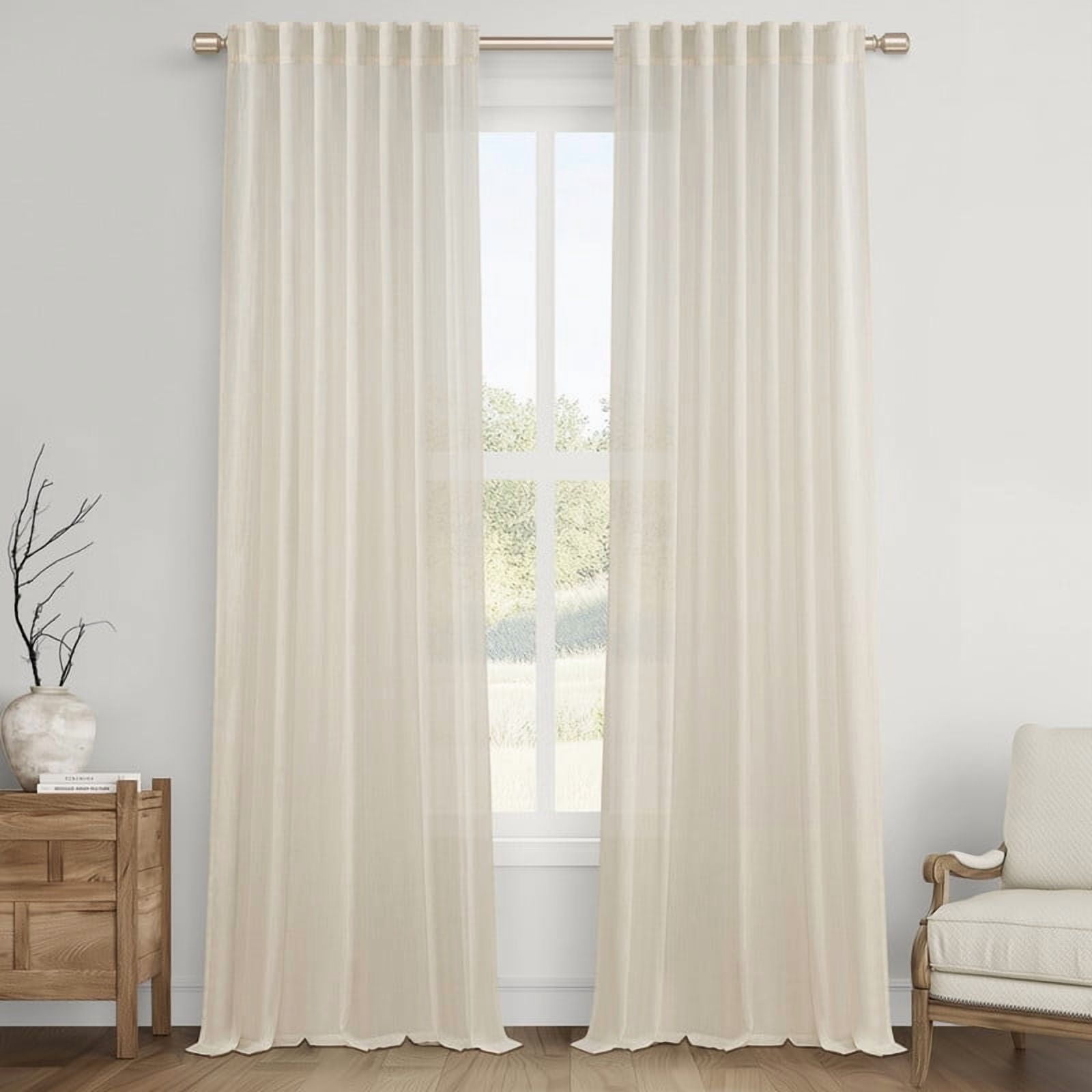 Topfinel Linen Curtains 90 Inch Long for Bedroom Living Room, Soft Linen Textured Window Drapes Semi Sheer Light Filtering Rod Pocket Back Tab Drapes, Birch 2 Panels