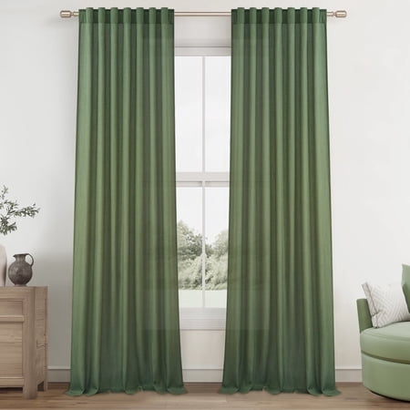 Topfinel Linen Curtains 90 Inch Long for Bedroom Living Room, Soft Linen Textured Window Drapes Semi Sheer Light Filtering Rod Pocket Back Tab Drapes, Olive green 2 Panels