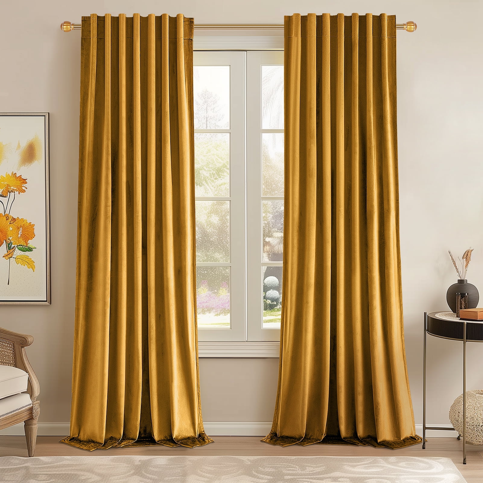 Topfinel Mustard Yellow Velvet Blackout 96 Inches Long Curtains , 100% Blackout Drape Gold with Hooks, Soundproof Art Deco Back Tab Drapes for Living Room Bedroom,Set of 2