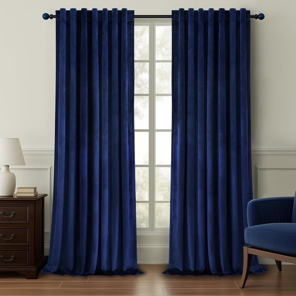 Topfinel NavyBlue Velvet Blackout Curtains 96 Inch Long, 100% Blackout Back Tab Boho Thermal Insulated Curtains for Living Room Bedroom, Retro Drapes with Hooks,Set of 2