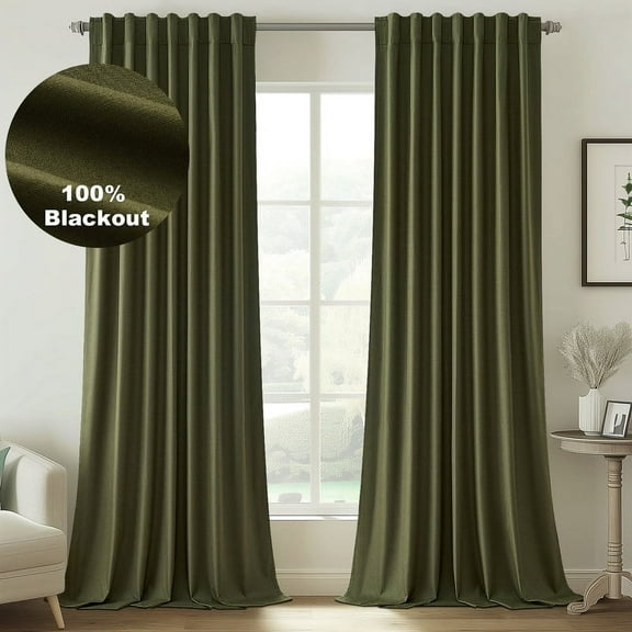 Topfinel Olive Green Linen 100% Blackout Pleated Window Shades, 52" x 84"