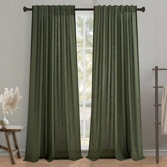 Topfinel Olive Green Linen Semi Sheer Curtains 96 Inches Long,Spring Boho Bedroom Living Room Home Decor,Cotton Linen Blended Light Filtering ,Back Tab Window Curtain with Hooks ,Set of 2