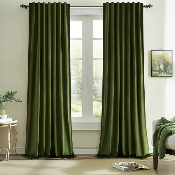 Topfinel Olive Green Velvet Blackout Curtains 90 Inches Long, 100% Blackout Back Tab Boho Thermal Insulated Curtains for Living Room Bedroom, Retro Drapes with Hooks,Set of 2