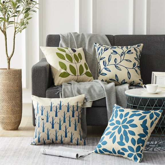 Topfinel Outdoor Plant Decorative Throw Pillowcase, Leaves Single Sides Printed Spring Cushion Cotton Linen 18x18 Set of 4 Patio for Home Couch Sofa Decor