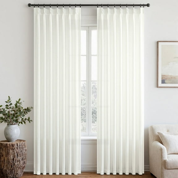Topfinel Pinch Pleated Linen Curtains 84 Inch Length for Bedroom Living Room,White Semi Sheer Window Curtain Boho Back Tab Pinch Pleat Drape with Hooks,Set of 2