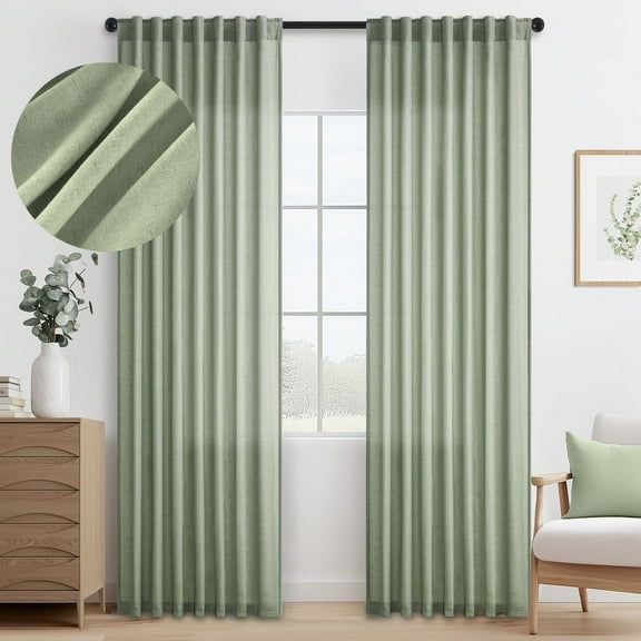 Topfinel SageGreen Linen Curtains 96 Inch Long for Living Room,Back Tab Light Filtering Drape with Hooks,Semi Sheer Lightweight Curtains for Bedroom,Set of 2