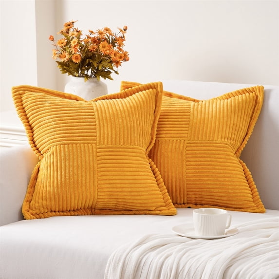 Topfinel Spring/Summer Wide Side Pillowcase with Stripe Splicing, Super Soft Corduroy Sofa Pillowcase Decorative Textured Pillow, Modern Boho Sham Square Cushion Covers, Yellow, 16x16 inch, Set of 2