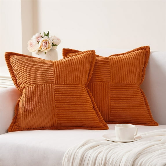 Topfinel Spring/Summer Wide Side Pillowcase with Stripe Splicing, Super Soft Corduroy Sofa Pillowcase Decorative Textured Pillow, Boho Sham Square Cushion Covers, Burnt Orange, 18x18 inch, Set of 2