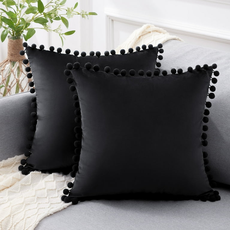 Topfinel Square Solid Color Throw Pillow Cover, Decorative Throw Pillow Covers for Couch Bed Soft Particles Velvet Solid Cushion Covers with Pom-Poms