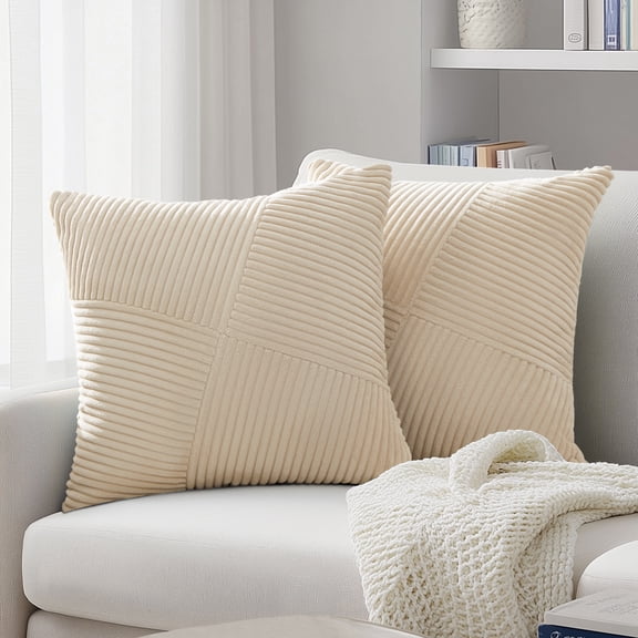 Topfinel Tan Decorative Throw Pillow Covers 20x20 Inch for Couch Sofa Bed, Soft Corduroy Striped Patchwork Windmill Textured Square Cushion Covers Set of 2