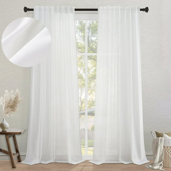 Topfinel White Linen Curtains 108 Inches Long for Living Room,Back Tab Light Filtering Drape with Hooks,Semi Sheer Lightweight Curtains for Bedroom,Set of 2