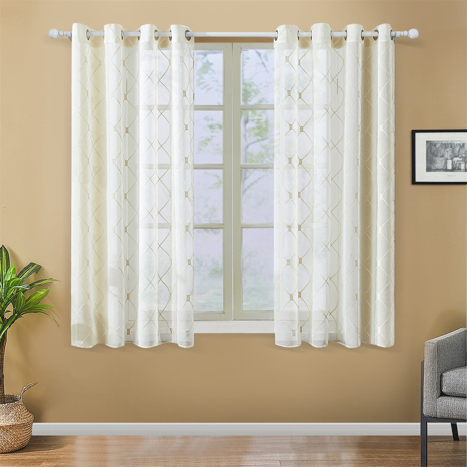 Topfinel White Sheer Curtains 63 inch Long Geometric Cream Embroidered