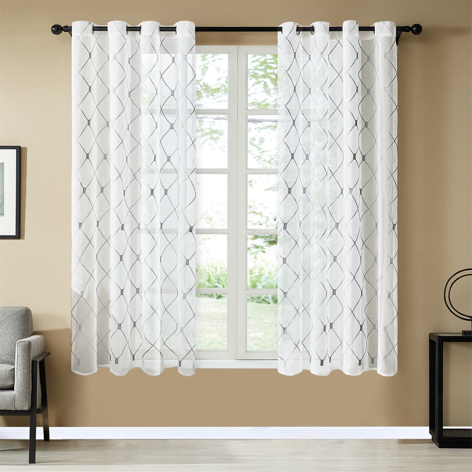 Topfinel White Sheer Curtains 63 inch Long Geometric Grey Embroidered