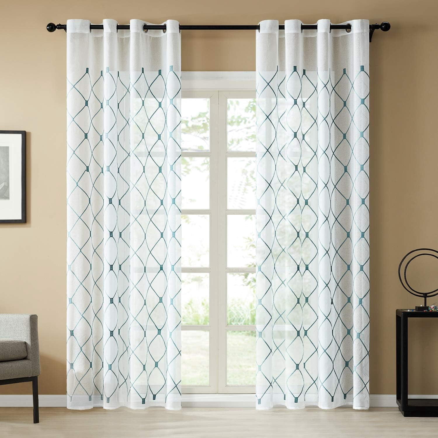 Top Finel White Sheer Curtains, 90 inch Long, Teal Embroidered Diamond ...