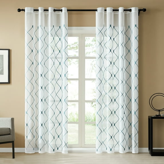 Topfinel White Sheer Curtains 96 inch Long Geometric Teal Embroidered Diamond Grommet Window Curtains for Living Room Bedroom,Tulle Window Drapes, Light Weight Soft Boho Curtains,54x96 inch,2 Panels