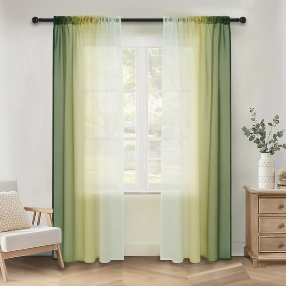 Topfinel YellowGreen Faux Linen Ombre Sheer Curtains,Semi Voile Gradient Rod Pocket Curtains for Bedroom and Living Room, Set of 2 Window Curtain Panels, 54 x 63 Inch Long
