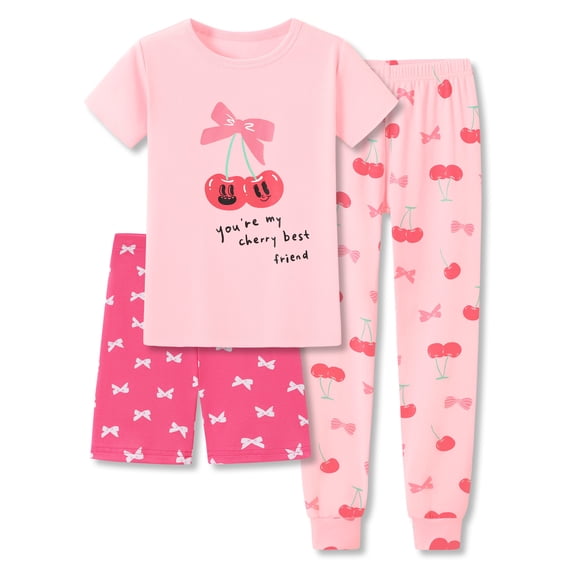 Topgal 3 Pieces Girls Cotton Pajamas Set Sung Fit Comfort Sleepwear for Little Kids Pink Cherry Sleepover PJ Size 10