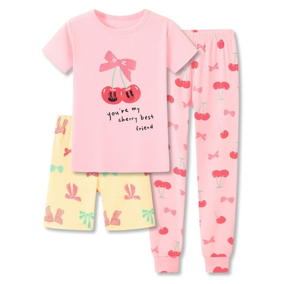Topgal 3 Pieces Girls Cotton Pajamas Set Sung Fit Comfort Sleepwear for Little Kids Pink Cherry Sleepover PJ Size 10