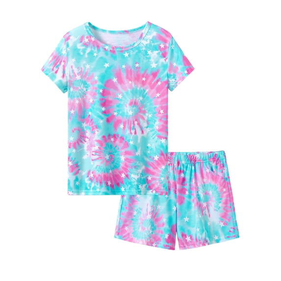 Topgal Big Girls Tie Dye Pajamas Tee & Shorts 2-Piece Clothes Set Cute Jammies Size 12 Plus