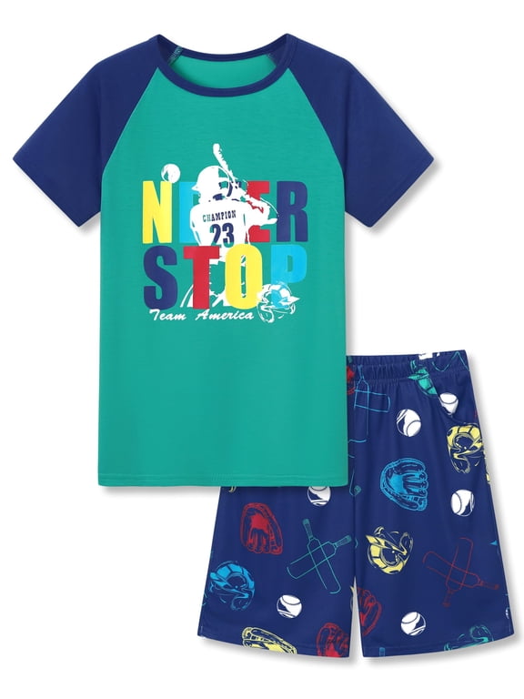 Boys Baseball Theme Pajamas Navy Raglan Short Sleeves Clothes Sleepwears Little Kids 2 Piece Jammies Set Size 12