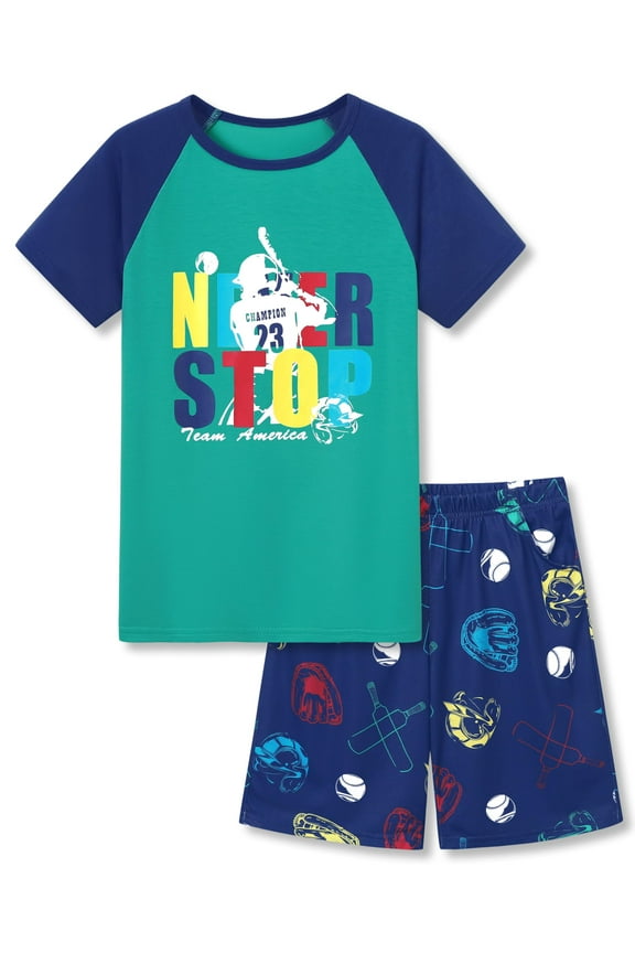 Boys Baseball Theme Pajamas Navy Raglan Short Sleeves Clothes Sleepwears Little Kids 2 Piece Jammies Set Size 14